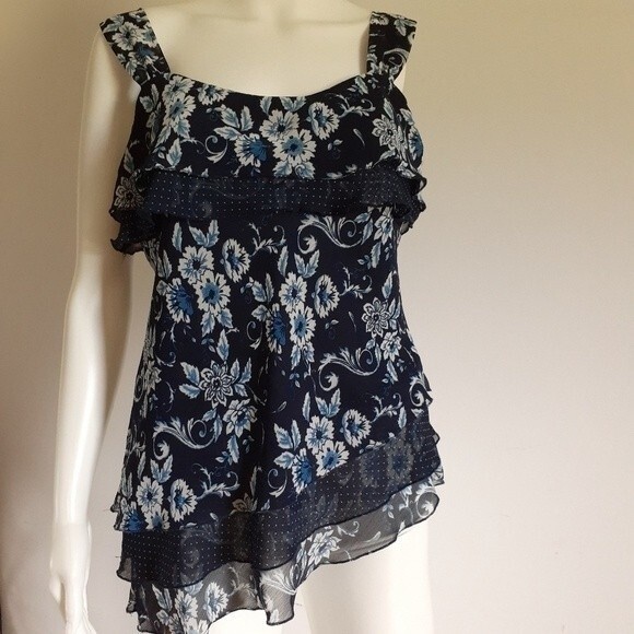 dress barn top m mp navy blue ruffle shirt blouse medium feminine summer top - Picture 2 of 6